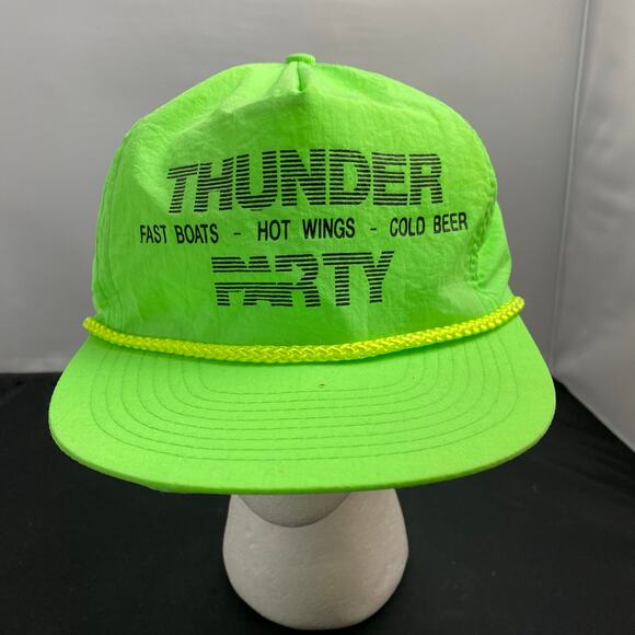 Neon Green Thunder Party Hat Cap Fast Boats Hot Wings Cold Beer Hook N Loop - Picture 1 of 6